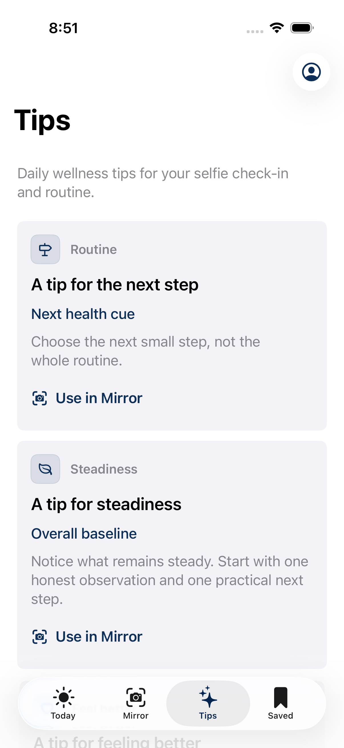 Mirror Health Tips screen showing personalized wellness prompts